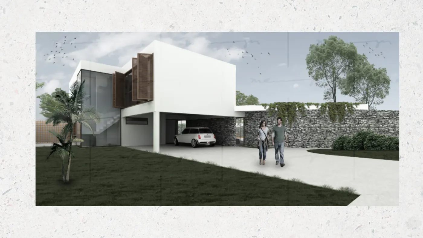 Perspectiva de residência contemporânea do acervo Niemeyer Residencial, com volumes brancos e pedra